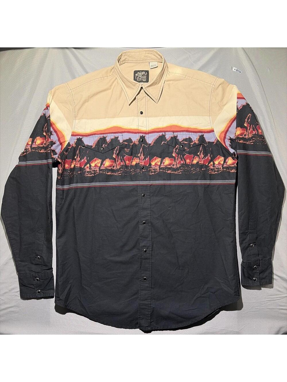 Vintage Roper Western Border Pearl Snap Shirt Mens L Cowboy Rodeo Ranch Horses